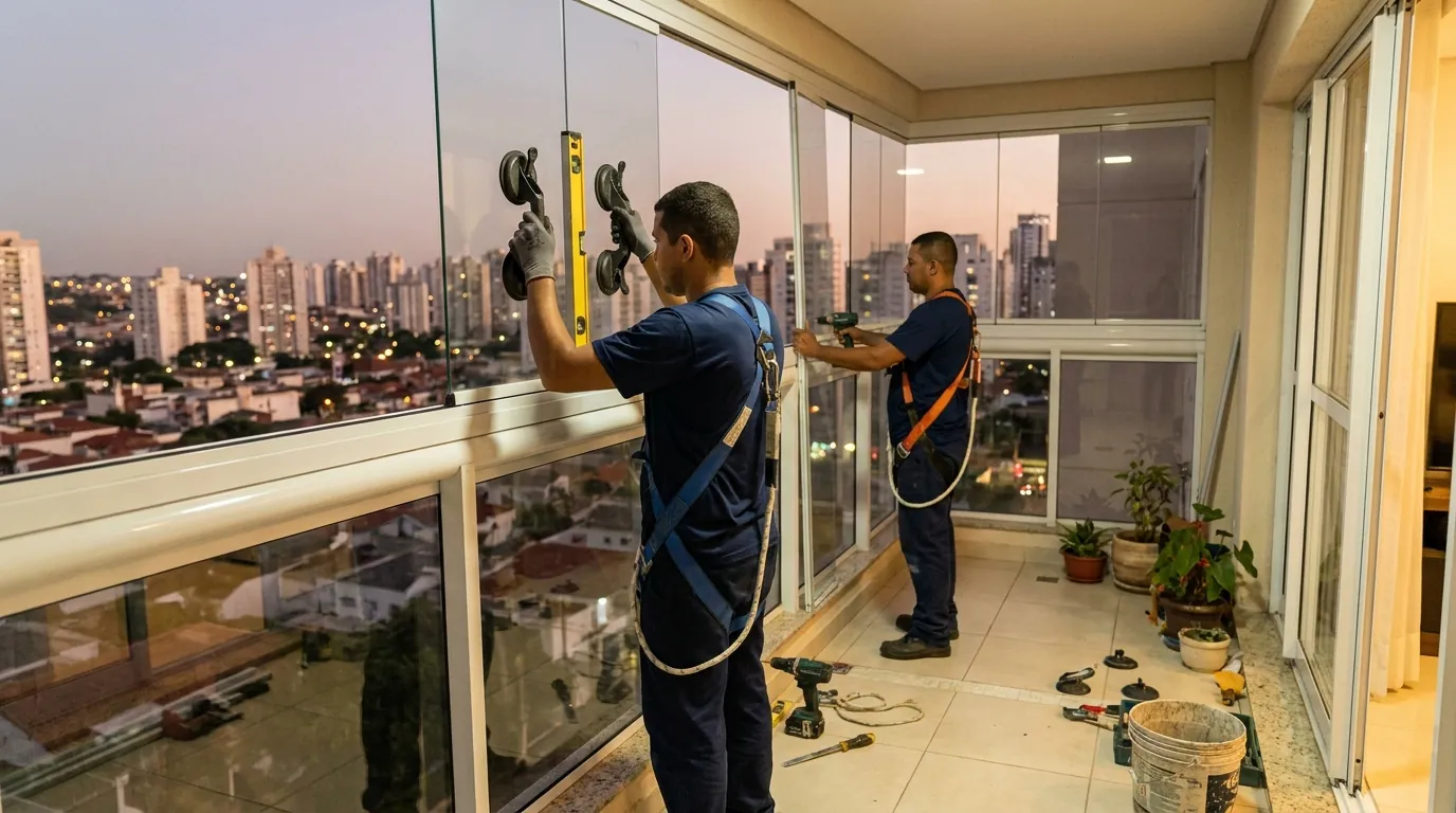 Painel de parede de vidro em montagem